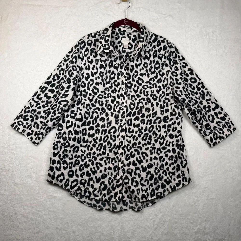 Chico's No Iron Leopard Print Button Front Shirt Size 3 Large Black White 3/4 Sl